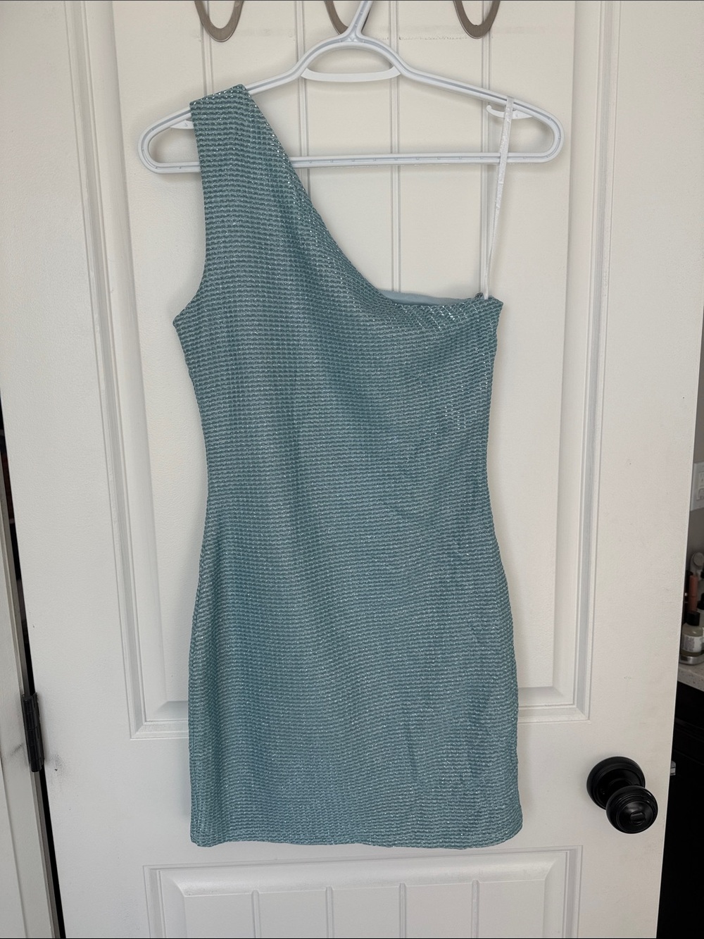 One-Shoulder Textured Mini Dress in Sage Green